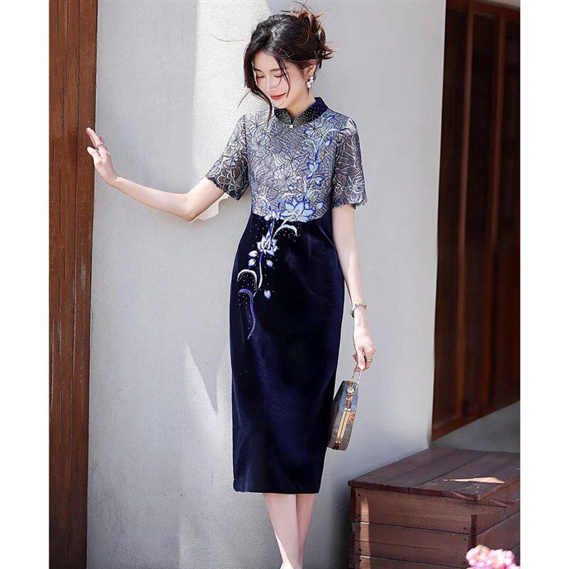 高端喜婆婆婚宴装蓝色2025新款轻奢高级感刺绣小个子旗袍妈妈礼服