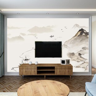 布在画下壁纸来图定制新中式电视背景墙壁画8d客厅V沙发不织布壁