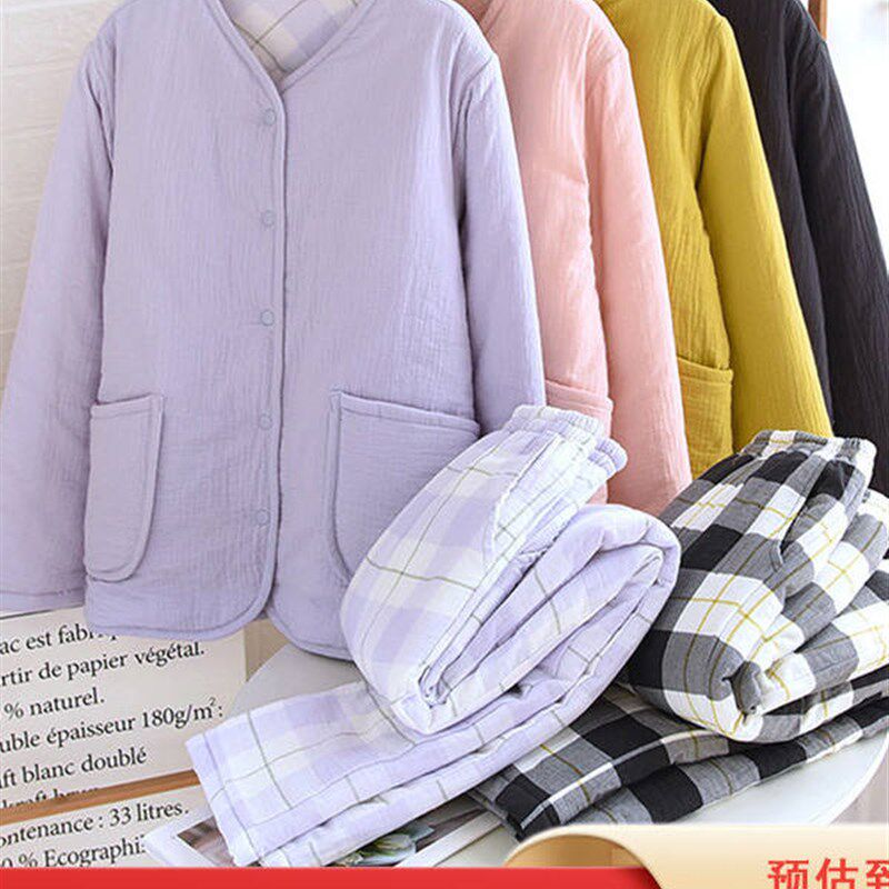 全棉A类夹棉加厚睡衣冬季套装女款家居服男纯棉纱布情侣保暖棉服