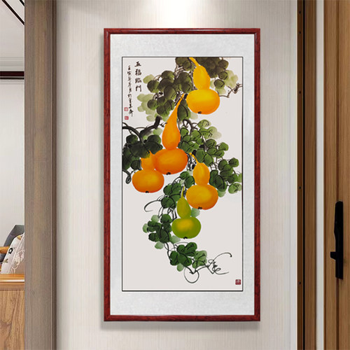 五福临门玄关画手绘国画葫芦画走廊过道挂画新中式U客厅装饰画竖