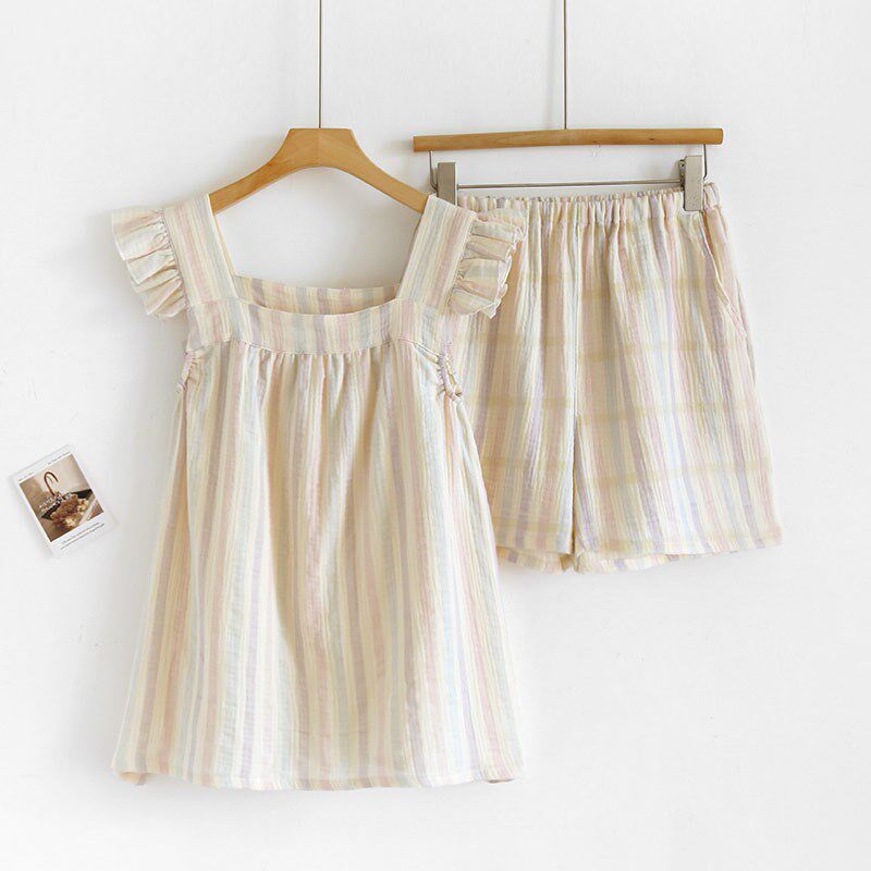荷叶边彩色条纹睡衣女士纯棉纱布夏天薄款吊带背心短裤家居服套装