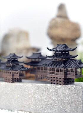 凉亭摆件中式古建筑如龙桥仿古建筑微景观假山盆景国风装饰3D摆件