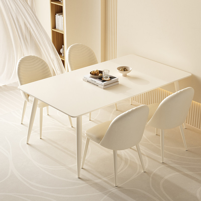 奶油风岩板餐桌椅子法式202x4新款长方形家用极简桌子凳子纯白餐