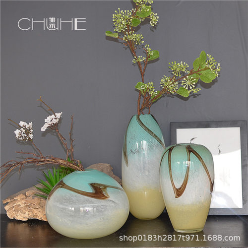 吹制玻璃工艺品花瓶 家居装饰插花玻璃花器 彩色美式摆饰品花瓶