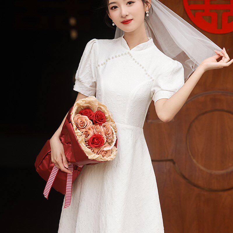 领证登记小白裙中式订婚旗袍礼服裙高级感大码孕妇高腰显瘦遮肚子