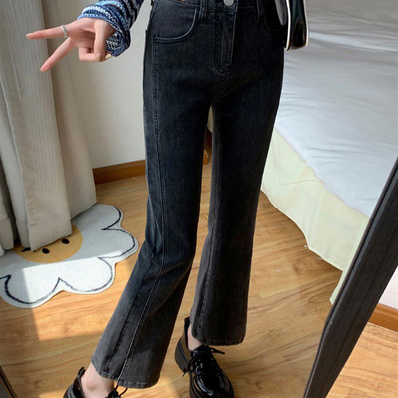 黑色高腰微喇牛仔裤女秋冬大码胖mm复古开叉显高显瘦直筒九分裤子