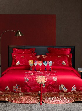 新中式100支刺绣四件套B版长绒棉F婚庆多件套全棉红色结婚套件