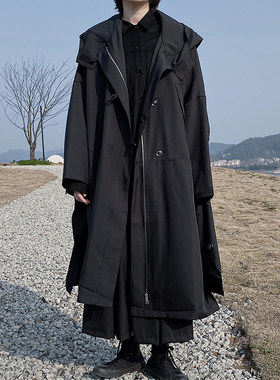 山本暗黑小众炸街风衣男女2023春季过膝长款宽松连帽大衣外套学生