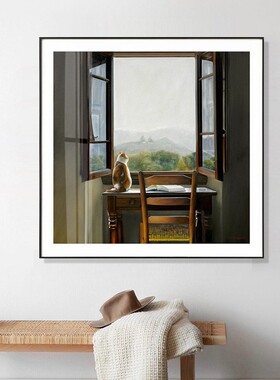《书桌上的猫》客厅玄关装饰画 现代艺术写实风景画走廊过道挂画