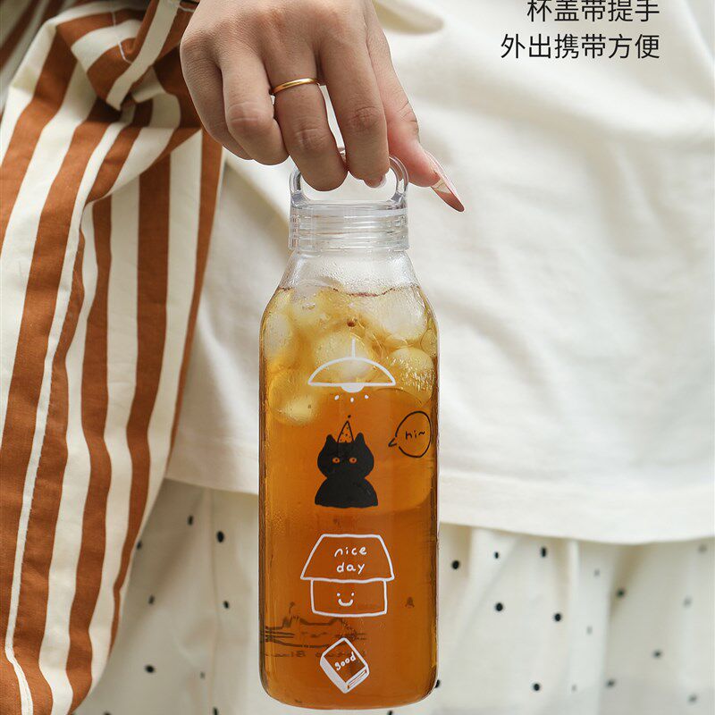 蓝莲花玻璃水杯高颜值水瓶高硼硅夏天冷泡冷饮杯S子瓶子便携大容