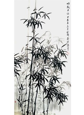 郑板桥竹子纯手绘国画墨竹书房客C厅办公室走廊装饰画玄关竖版挂