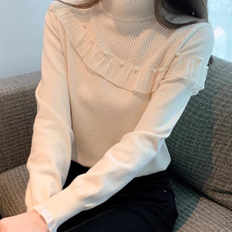 春秋季2024新款半高领针织打底衫女设计感小众洋气钉珠荷叶边上衣
