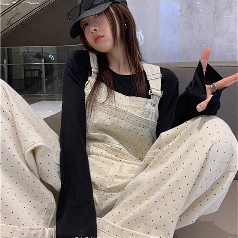 牛仔背带裤女春秋新款复古波点宽松显瘦休闲直筒阔腿拖地连体长裤