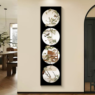 新中式入户玄关镜子装饰画中古风花卉客厅镜面挂画高级感餐厅壁画
