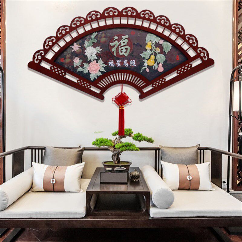 客厅装饰画沙发背景墙挂画新中式C牡丹花玉雕立体浮雕壁画扇形壁