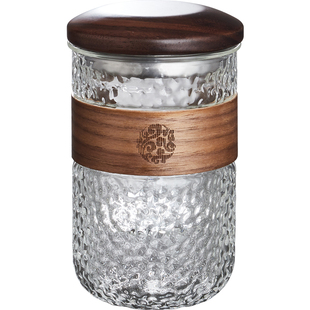 容山堂玻璃水杯木套防烫茶杯锤纹茶水H分离带盖过滤办公室泡茶杯