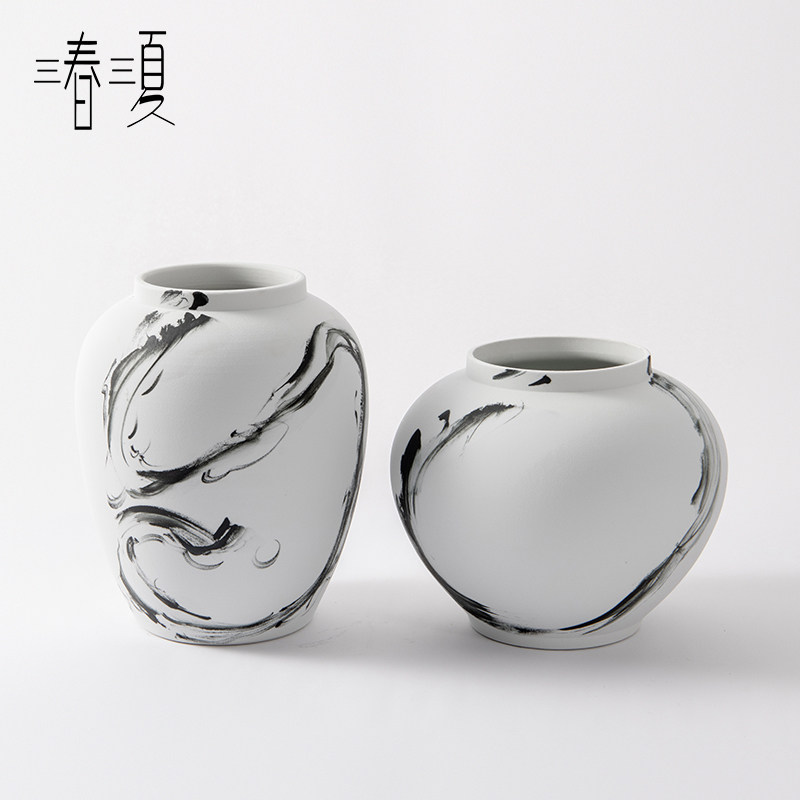 新中式陶瓷水墨花瓶花器摆件样板A房展厅客厅售楼处大堂玄关装饰