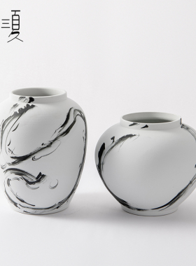 新中式陶瓷水墨花瓶花器摆件样板A房展厅客厅售楼处大堂玄关装饰