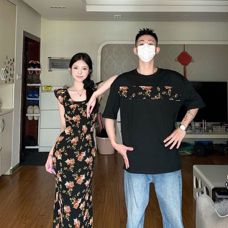 情侣装法式复古收腰碎花小飞袖长款背心连衣裙韩版度假风短袖T恤