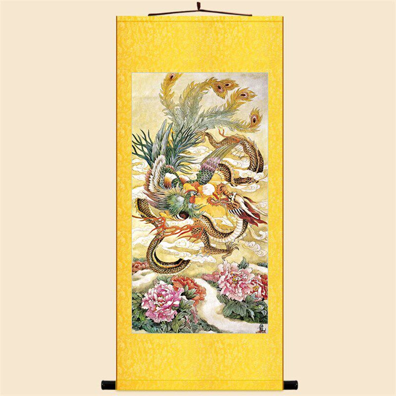 龙凤戏珠图 吉祥风水画像 书房客厅装饰画卷轴挂画丝绸画定制订做