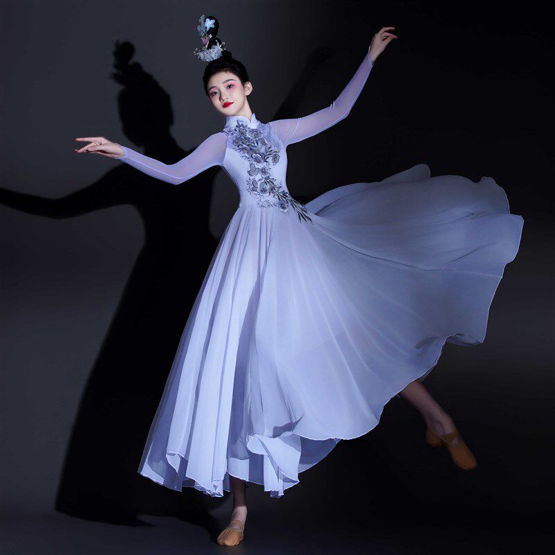 白色舞蹈服女生艺考大摆长裙少数民族舞表演伴舞演出服现代舞服装