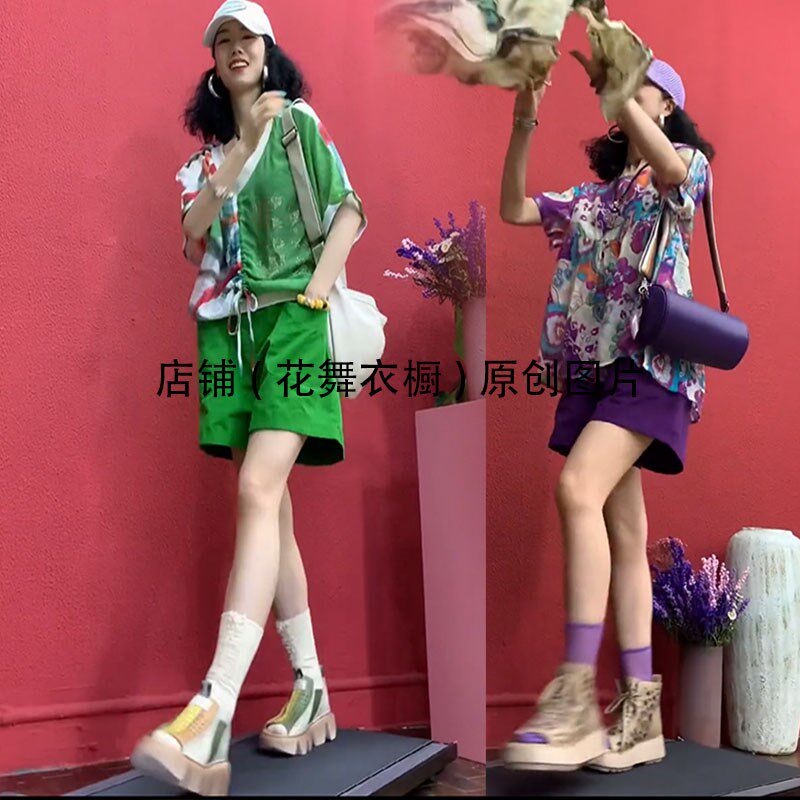 时髦欧货炸街网红爆款抽褶印花个性短袖阔腿短裤两件套装韩版显瘦