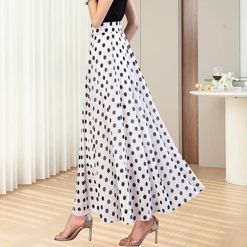 夏季新款白色波点半身裙女长裙2023气质高腰雪纺伞裙A字大摆裙子