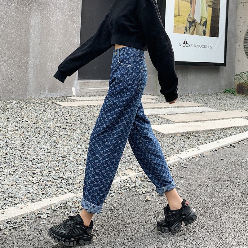 哈伦牛仔裤女直筒宽松2021年春夏新款高腰百搭提花老爹萝卜裤子潮
