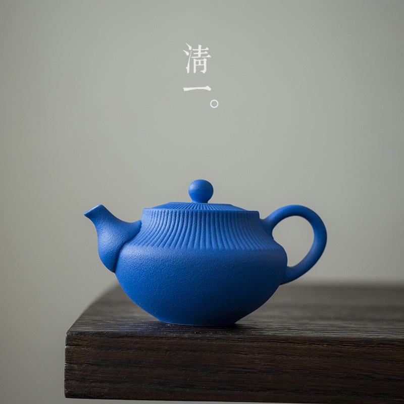 清一丨悠蓝陶瓷泡茶壶 家用功夫茶具过滤壶手工日S式单壶粗陶 茶