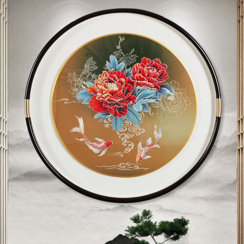 入户玄关铜雕装饰画高级感手工墙壁挂H画新款走廊过道牡丹锦鲤图