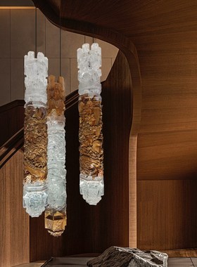 新中式透明实木雕花柱子天花板悬A挂吊饰酒店大堂走廊空中吊饰摆