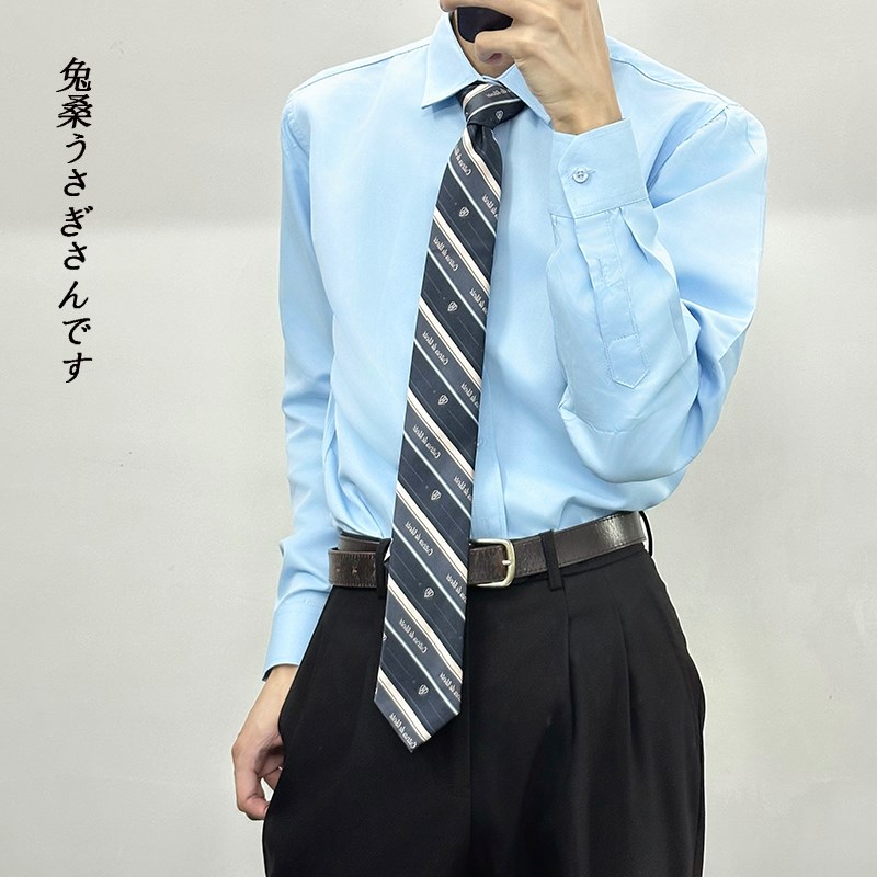 2024b新款男士天蓝色休闲长袖纯色衬衫工作服青少年学生学院风衬