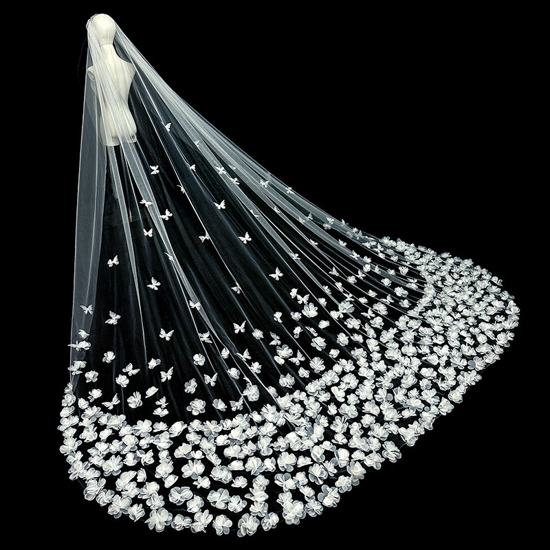 头纱新娘主婚纱高级感头饰复古花朵长款拖尾结婚婚礼奢华超仙头纱