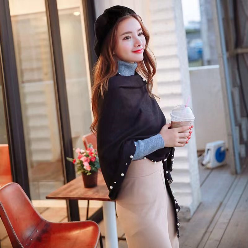 女款黑色围巾披肩加n厚秋冬双色带珍珠高贵小众典雅长款保暖围脖