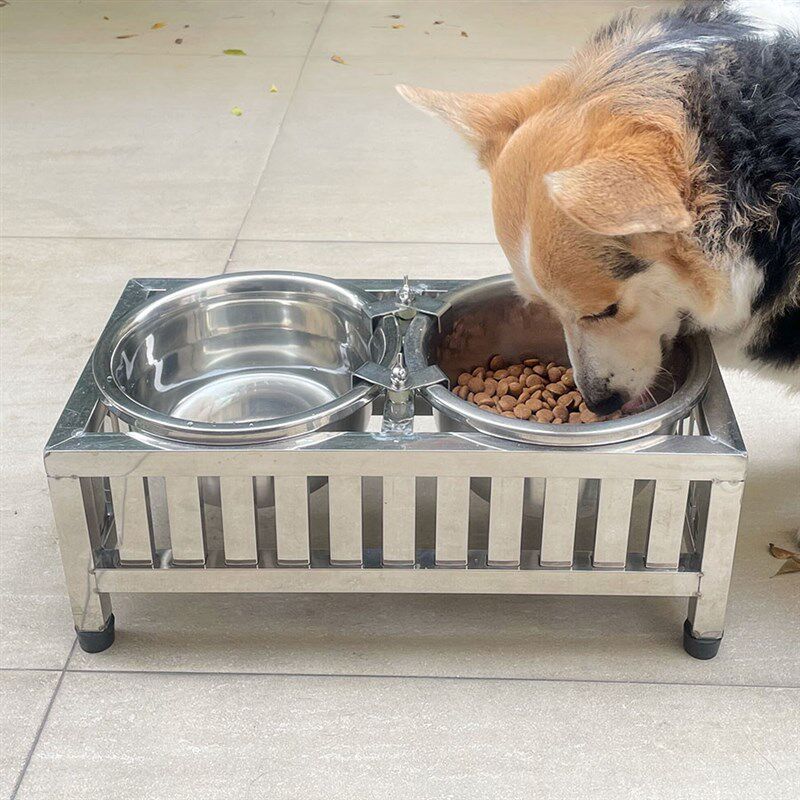 不锈钢狗碗狗食盆双盆大型犬防打翻固定带架子高脚饮水大号宠物碗
