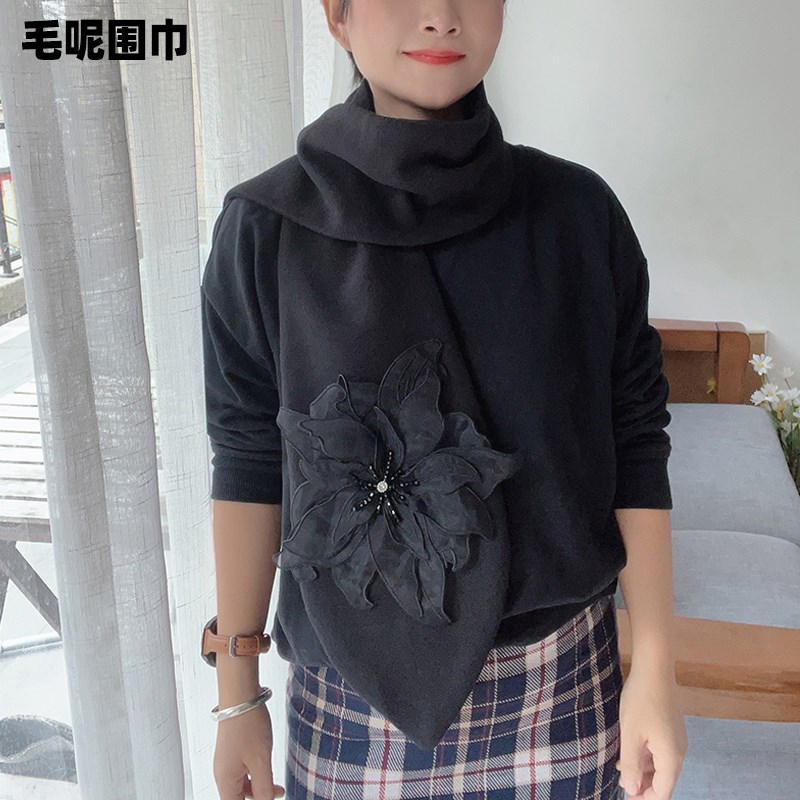 围巾女冬季2023新款高级感黑色围脖护颈春秋大衣领子毛呢兔耳朵