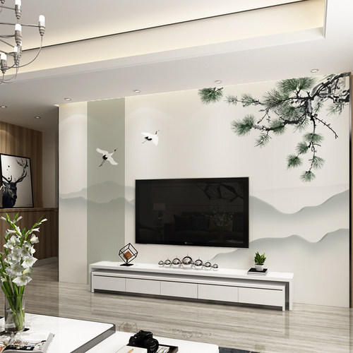 2023年新款电视背景墙壁纸现y代中式花鸟壁画客厅卧室装饰墙布壁