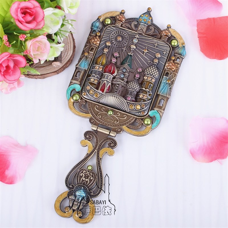 俄高档金属欧式l化妆镜折叠便携小镜子复古可爱手柄台式镜