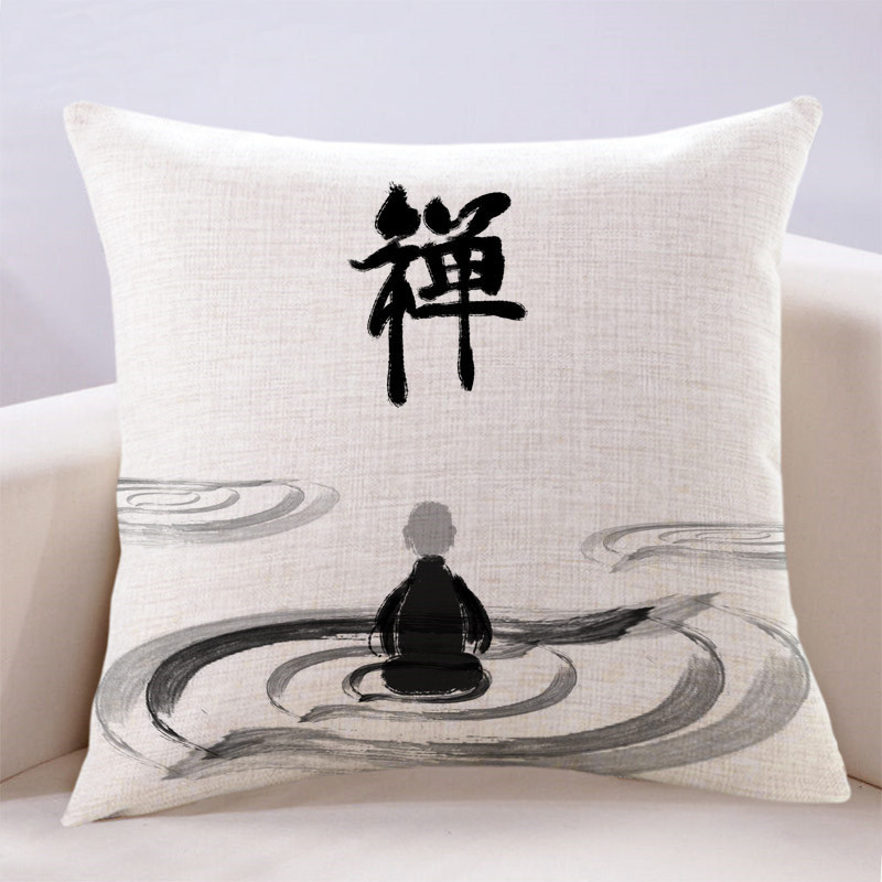 禅意新中式茶室书房莲花佛手民宿客栈抱枕K亚麻靠垫中国风沙发靠