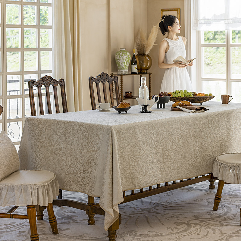 法式中古风桌布立体提花防水纯色简约I氛围感长方形餐桌盖布定制