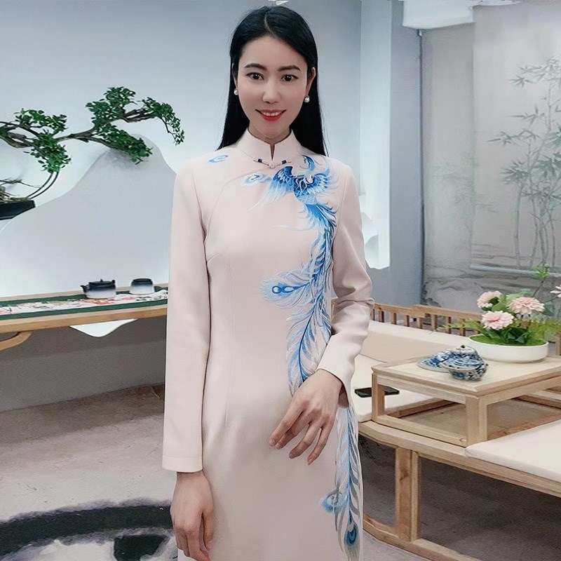 2023新款中国风重工刺绣修身显瘦中式气质优雅长袖立领女士凤旗袍