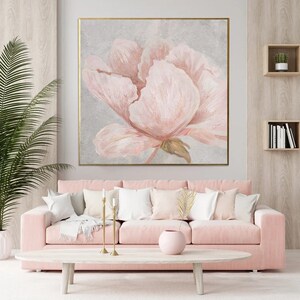 客厅富贵牡丹手绘油画餐厅玄关粉色花卉肌理画美式正方形装饰挂画