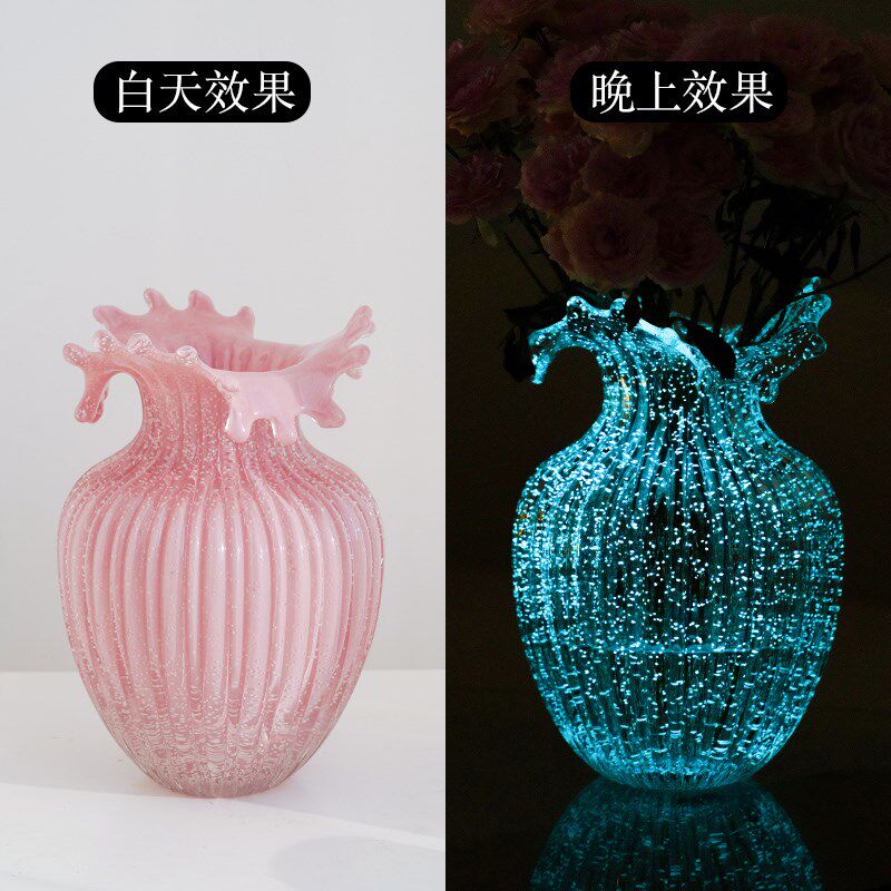 中古夜光波浪花琉璃花瓶摆件轻奢高级感客厅桌面水养插花装饰花器