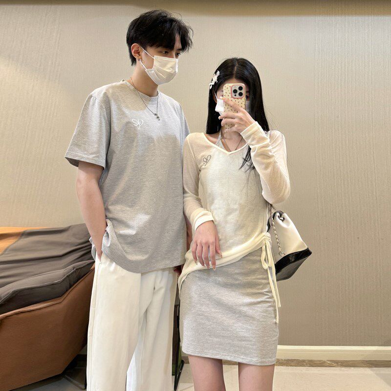 不规则露肩T恤V领纯欲套装上衣挂脖吊带夏季包臀裙情侣装一裙一衣