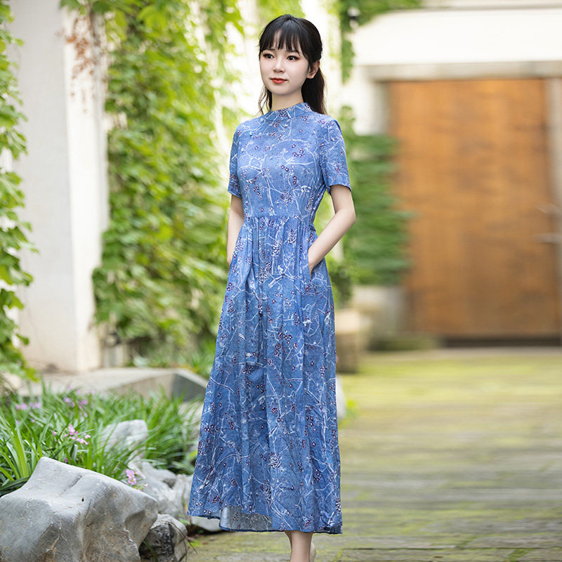 旗袍年轻款高端气质夏季女士连衣裙立领短袖收腰修身复古显瘦女装