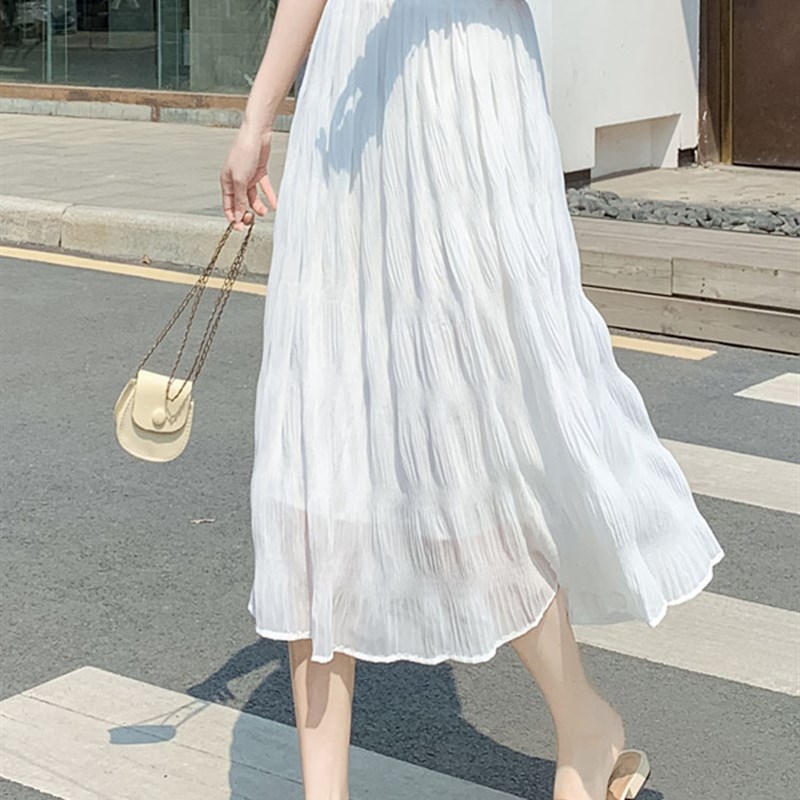 仙气白色褶皱雪纺半身裙子女夏2024新款高级感小个子高腰蛋糕长裙