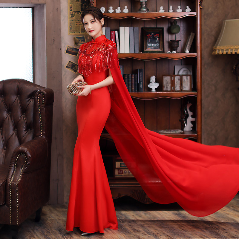 高端走秀旗袍长款演出鱼尾裙主持人礼服女表演服中国风显瘦带披风
