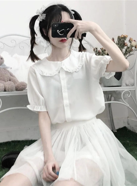 春夏日系软妹木耳边Lolita娃娃领衬衫女学生韩版宽松短袖内搭上衣