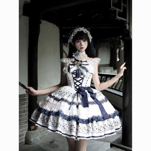 青鸳赋原创设计Lolita洋装青花瓷甜美jsk吊带洛丽塔裙子现货lo裙