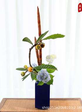剑山蓝色花瓶花道小原流文人调角瓶花器禅意陶瓷插花器皿创意花盘